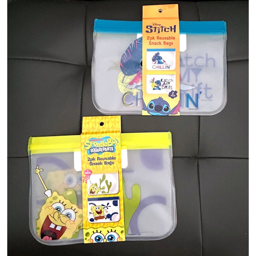 Disney Stitch & SpongeBob SquarePants Reusable Snack Bags Bundle School College